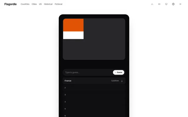 Today's Flagordle board on a desktop, opened from the home page: one tile of the flag shows orange over white after a first guess of France, 3,228 km to the south
