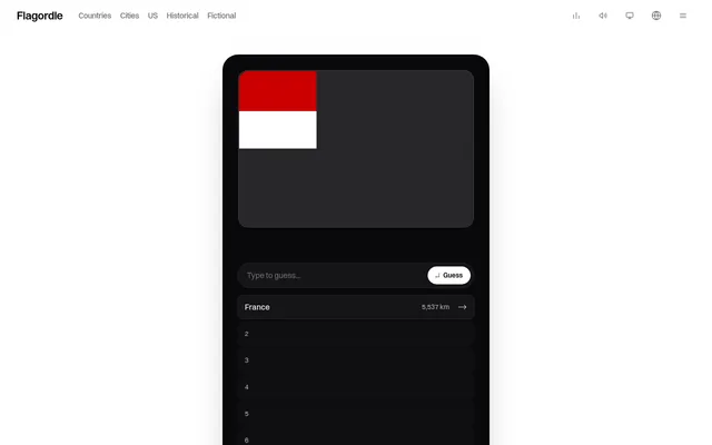 Today's Flagordle board on a desktop, opened from the home page's Daily button: one tile uncovered, red over white, after a first guess of France, 5,537 km to the east