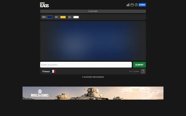 Flags #457 after one guess: colour breakdown 90% blue, 8% yellow, 2% white, the blurred flag above the guess box, and France 14,749 km away with 5 guesses remaining