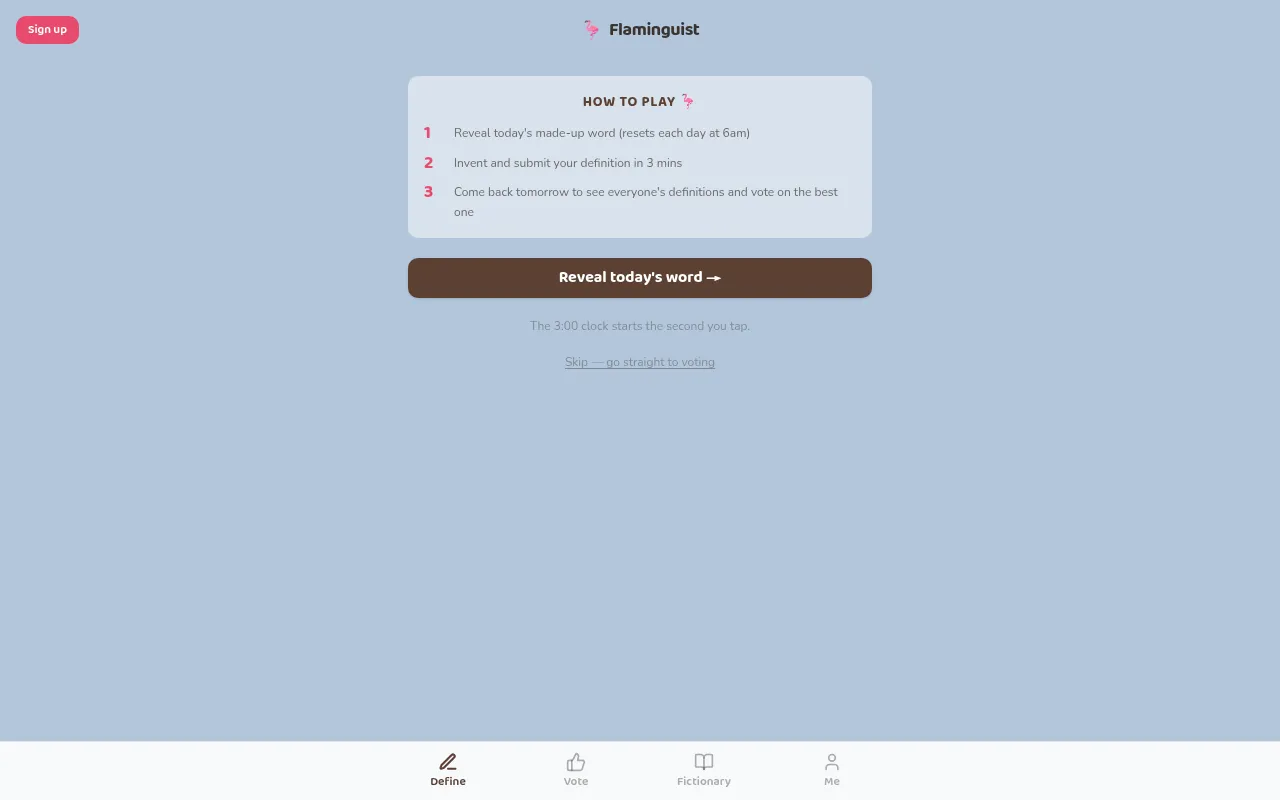 Flaminguist start screen: a how-to-play card with three steps and a Reveal today's word button above the Define, Vote, Fictionary and Me tabs
