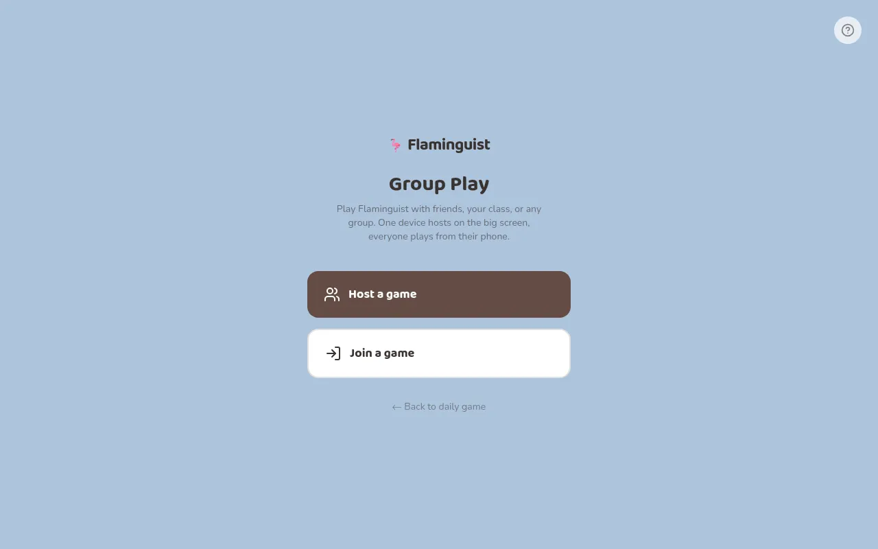 Flaminguist Group Play lobby with Host a game and Join a game buttons, for friends or a class playing from their phones
