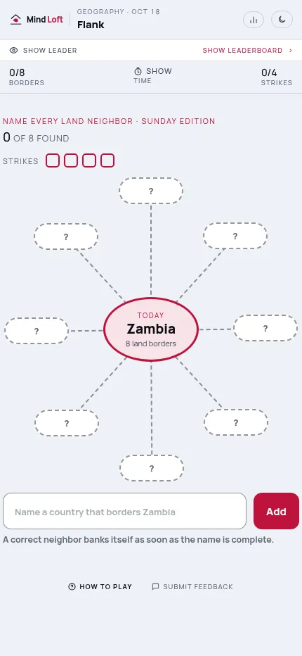 Flank on a phone: Zambia with eight empty neighbour slots, four strike boxes and the country entry box