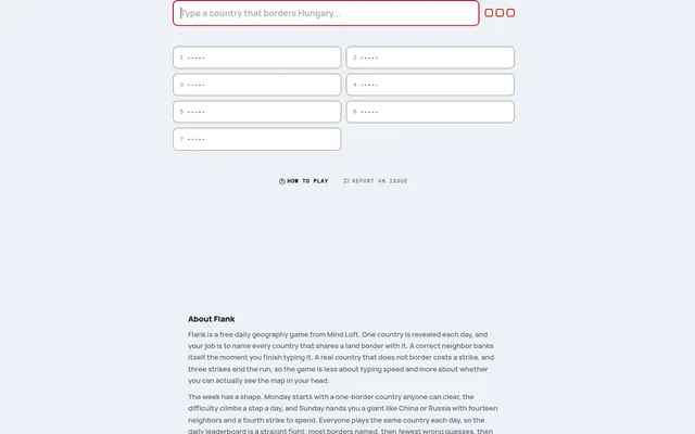 Flank on mindloftdaily.com: a text box reading type a country that borders Hungary, three strike boxes, and seven empty slots for Hungary's neighbours