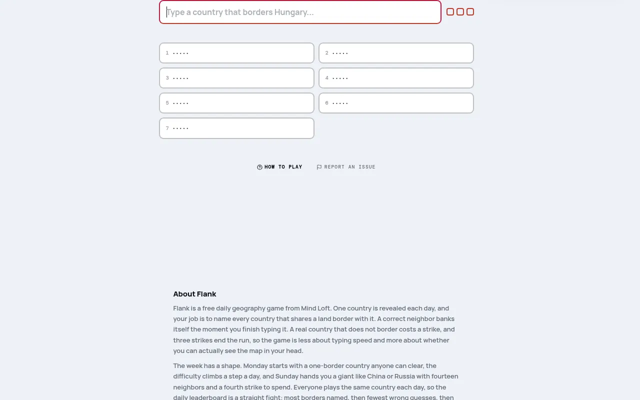 Flank on mindloftdaily.com: a text box reading type a country that borders Hungary, three strike boxes, and seven empty slots for Hungary's neighbours