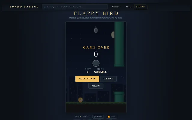 Flappy Bird in the browser: the Game Over panel with score 0, an empty medal, Best 0 and Mode Normal, over green pipes and a night city skyline with the gold bird on the ground