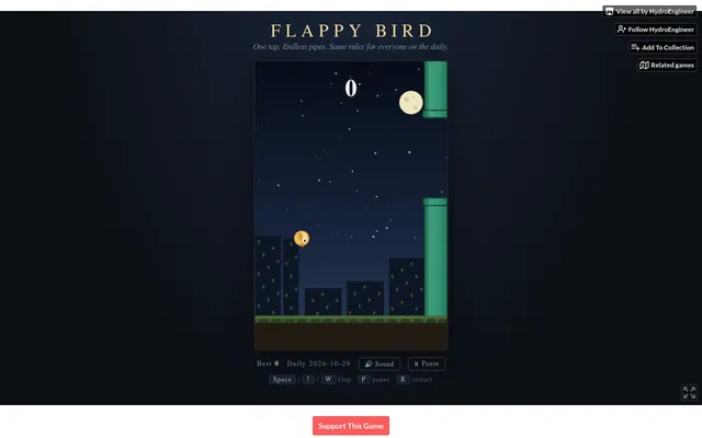 Flappy Bird on itch.io mid-run in today's daily (Daily 2026-10-29): the gold bird flies toward the first green pipe gap over a night city skyline, score 0