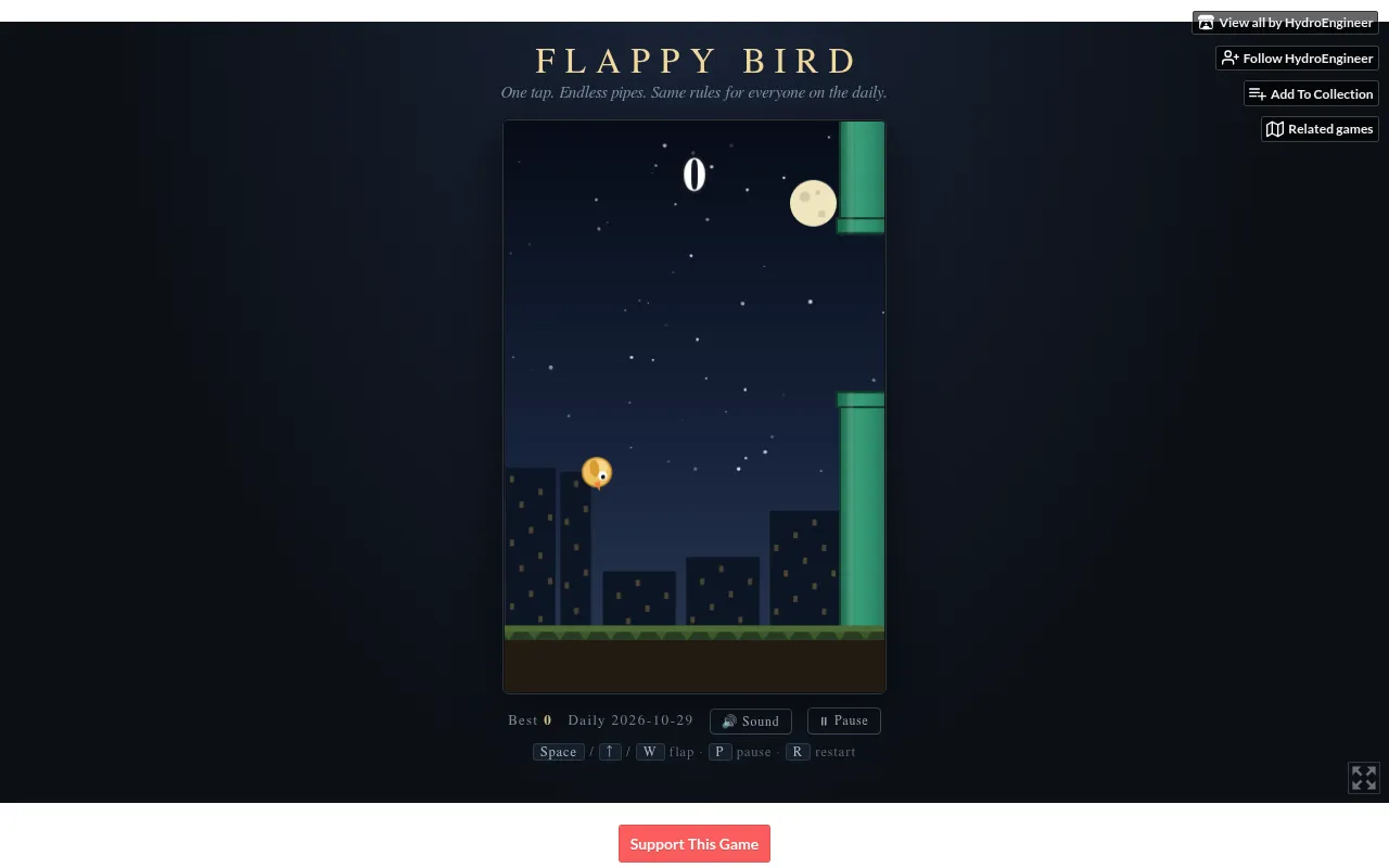 Flappy Bird on itch.io mid-run in today's daily (Daily 2026-10-29): the gold bird flies toward the first green pipe gap over a night city skyline, score 0