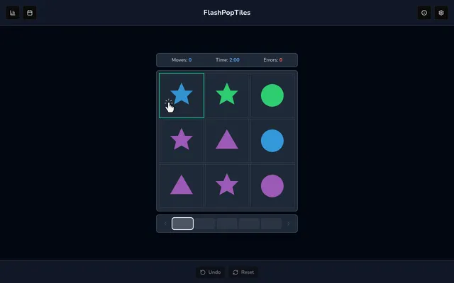 FlashPopTiles board: a three by three grid of coloured stars, triangles and circles, with move, time and error counters above and the day's five boards below