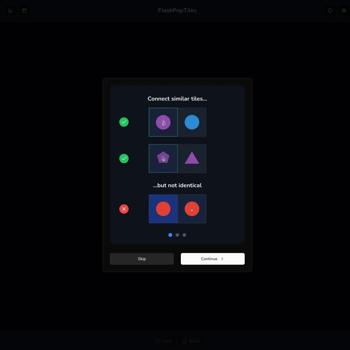 FlashPopTiles tutorial: connect similar tiles, such as a purple and a blue circle, but not identical ones