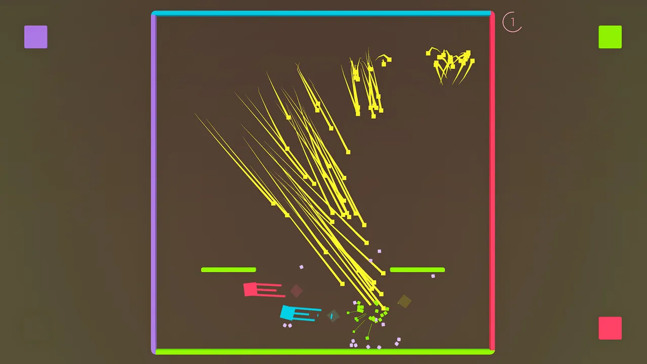 Flat Heroes: a swarm of yellow darts sweeps down at two square heroes in a dark arena