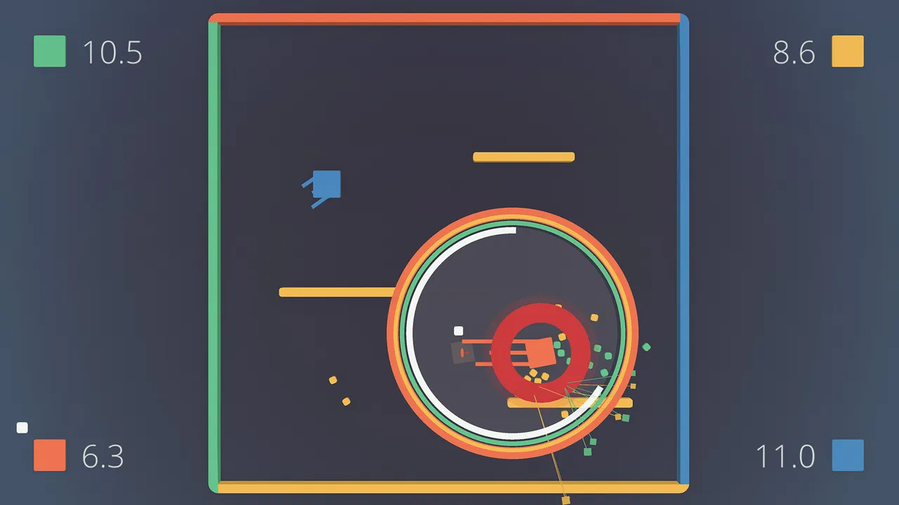 Flat Heroes: four players with survival times in the corners face a boss of red and orange rings