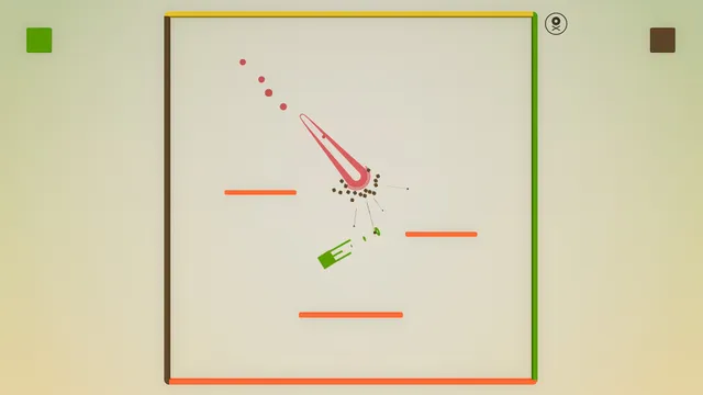 Flat Heroes: a green square dashes past a pink comet-like attack on a pale arena framed by coloured walls