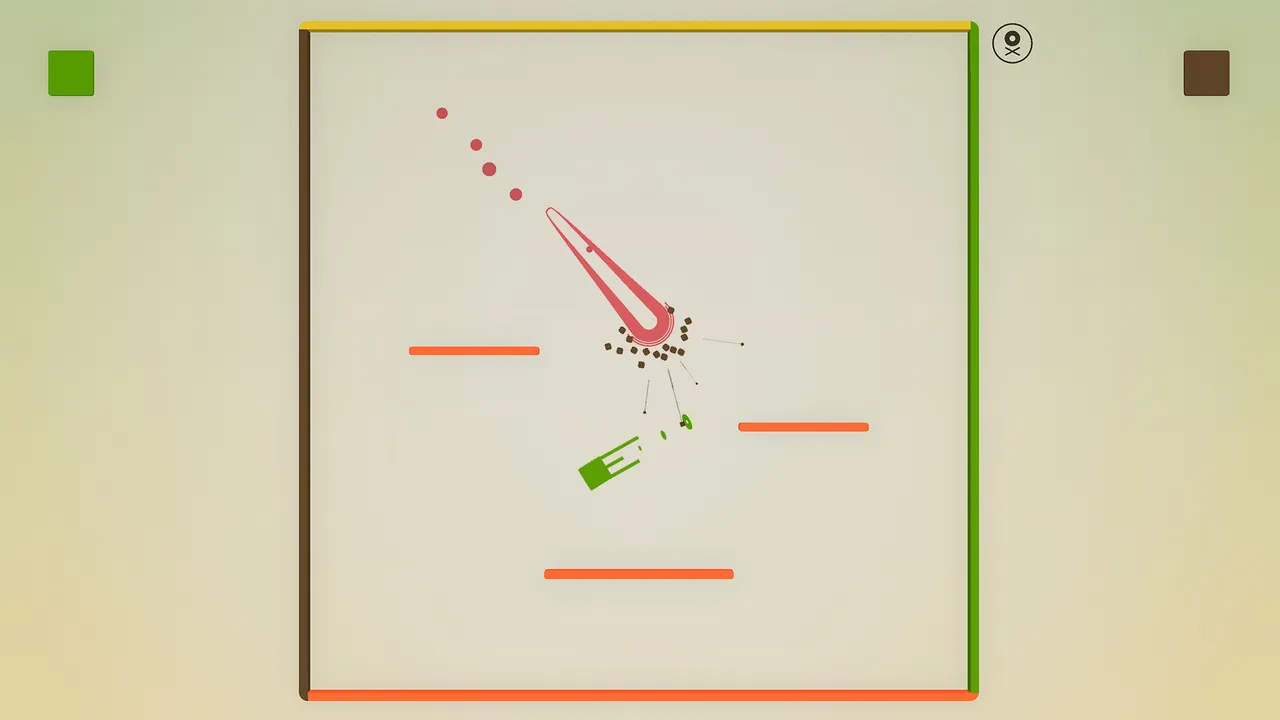 Flat Heroes: a green square dashes past a pink comet-like attack on a pale arena framed by coloured walls