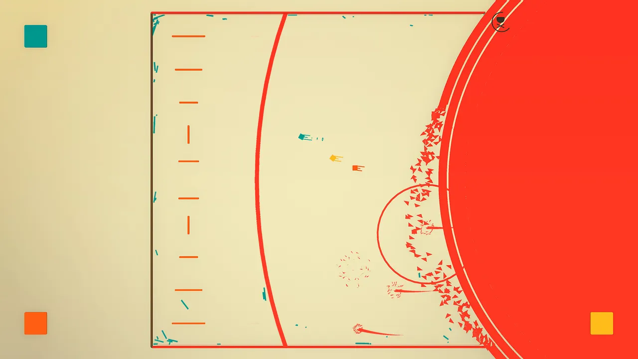 Flat Heroes: a huge red circle closes in on three small squares running across a cream arena