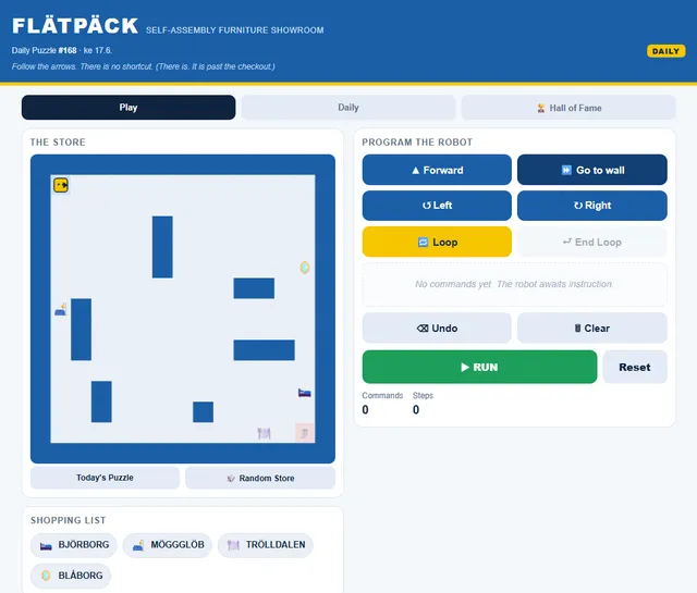 FLÄTPÄCK Daily Puzzle #168: the store map with the robot in a corner, shelves and four furniture items, beside the robot programming blocks and the shopping list