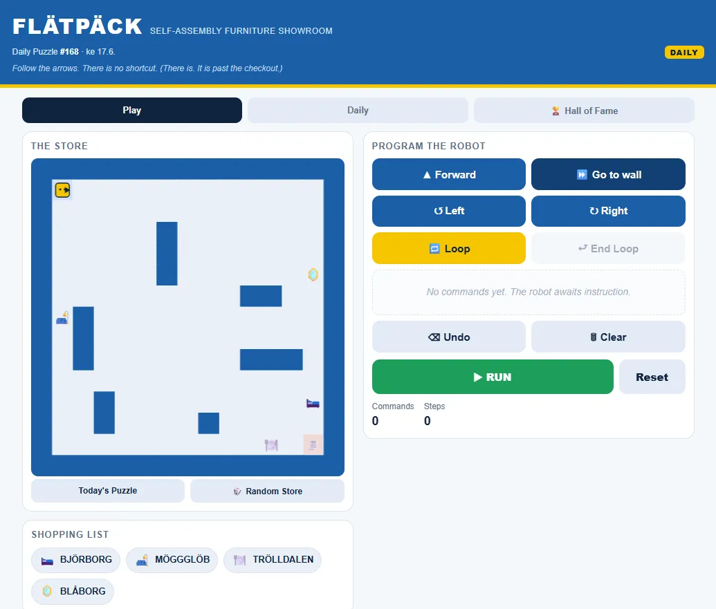 FLÄTPÄCK Daily Puzzle #168: the store map with the robot in a corner, shelves and four furniture items, beside the robot programming blocks and the shopping list