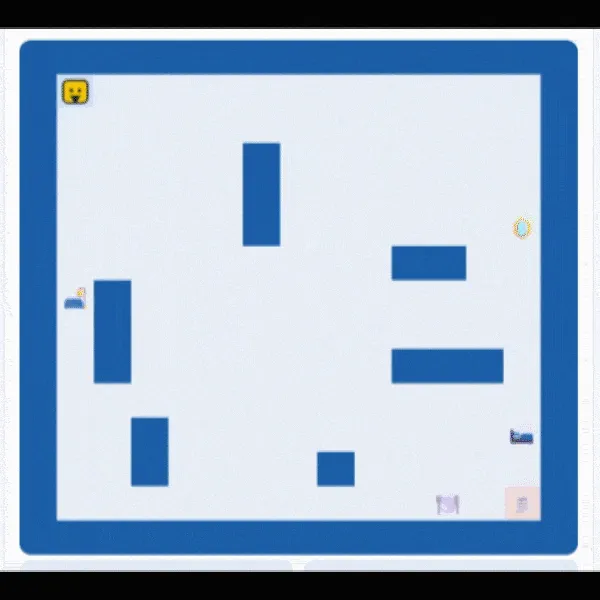 Animated FLÄTPÄCK store map with blue shelves, the yellow robot and the items to collect