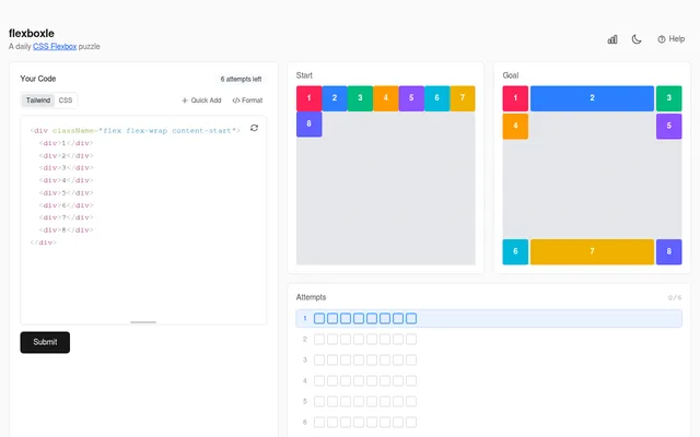 Flexboxle's puzzle for 18 October 2026, Frame: the Tailwind code panel, the Start layout of eight numbered blocks, the Goal layout framing an empty middle, and six empty attempt rows