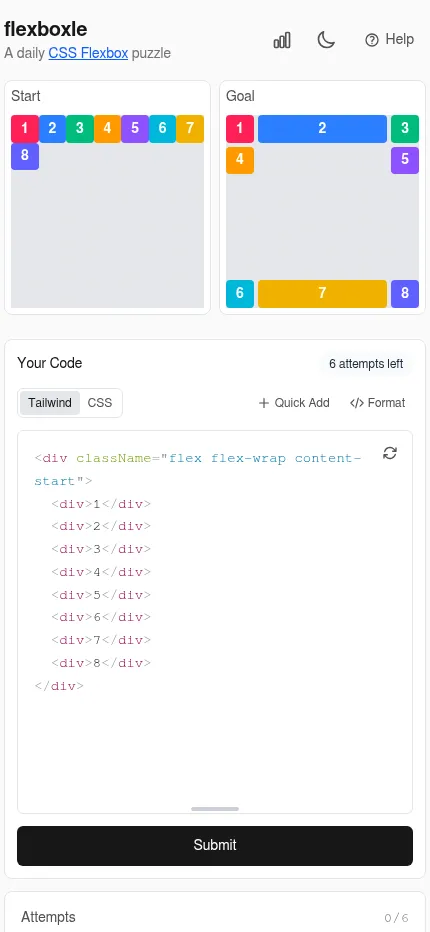 Flexboxle on a phone: Start and Goal panels side by side above the code editor and Submit button