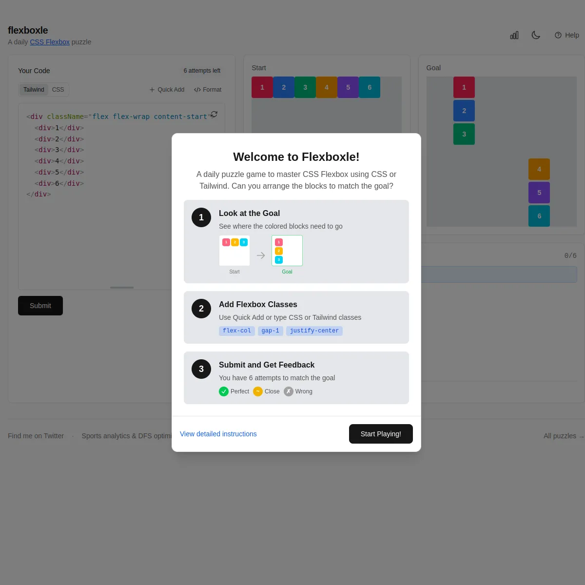 Flexboxle screen with code panel, start and goal layouts and the welcome guide