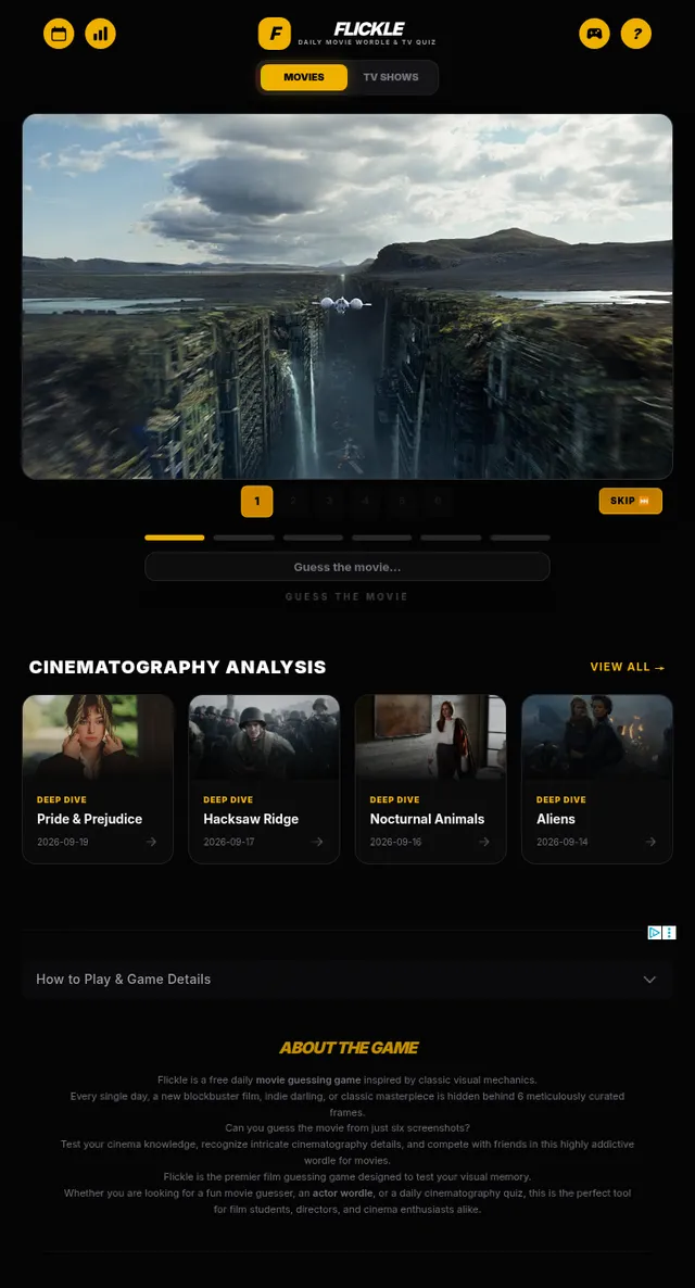 Flickle daily movie puzzle: the first frame, an aircraft flying over a canyon of ruined buildings, with frame numbers 1 to 6, a Skip button and the Guess the movie box