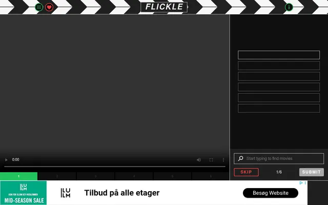 Flickle game screen: an empty movie clip player with clip buttons 1 to 6 below it, six blank guess rows on the right, a movie search box and Skip and Submit buttons