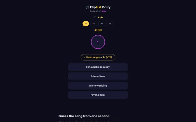 Today's FlipList Daily board, Daily #292 on an 80s playlist: song 1 of 7, the 1s to 8s listen buttons, a play button and four song titles to choose from