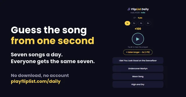 FlipList Daily preview: the text Guess the song from one second beside the game screen for Daily #228, Indie, with a play button, 1s to 8s listen options and four song titles