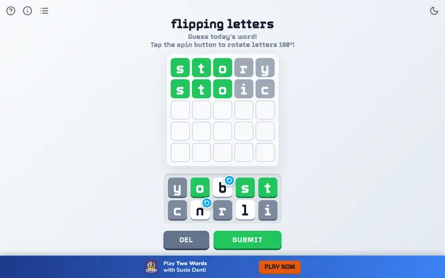 Today's Flipping Letters board on a desktop: guesses STORY and STOIC with s, t and o green, above the tile bank where the b and n tiles carry spin buttons