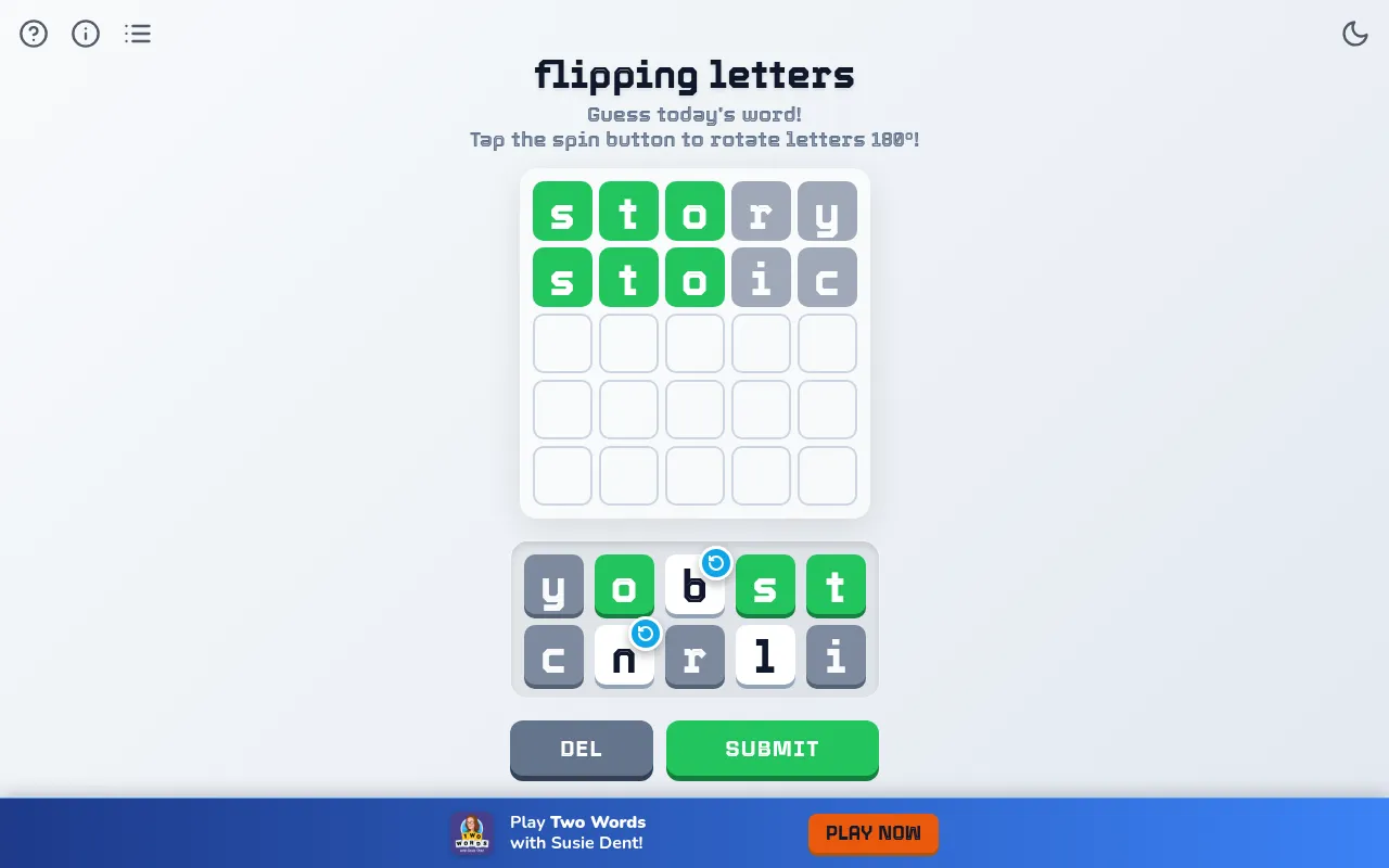 Today's Flipping Letters board on a desktop: guesses STORY and STOIC with s, t and o green, above the tile bank where the b and n tiles carry spin buttons