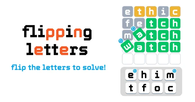 Flipping Letters card: a guess grid solving WATCH and a tile bank where e and m tiles can be spun