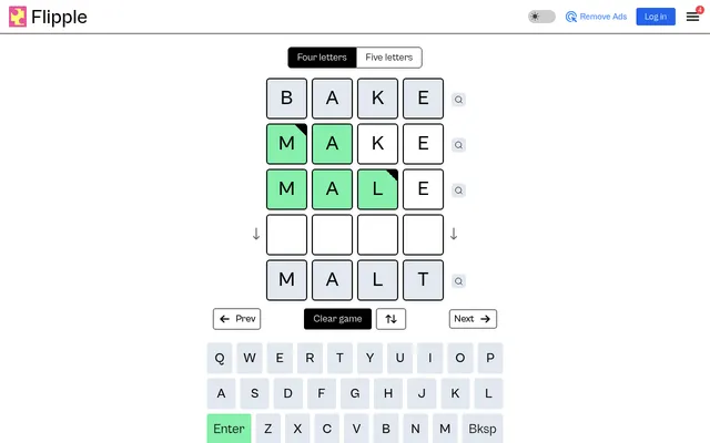 Today's Flipple four-letter ladder from BAKE to MALT, with MAKE and MALE filled in and letters that match the target shown green