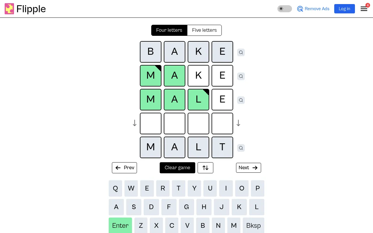 Today's Flipple four-letter ladder from BAKE to MALT, with MAKE and MALE filled in and letters that match the target shown green
