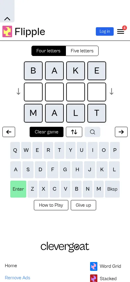 Flipple at phone size: the BAKE to MALT ladder with one empty row, the Four and Five letters switch and the on-screen keyboard