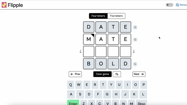 A Flipple four-letter ladder from DATE to BOLD with MATE filled in and an on-screen keyboard