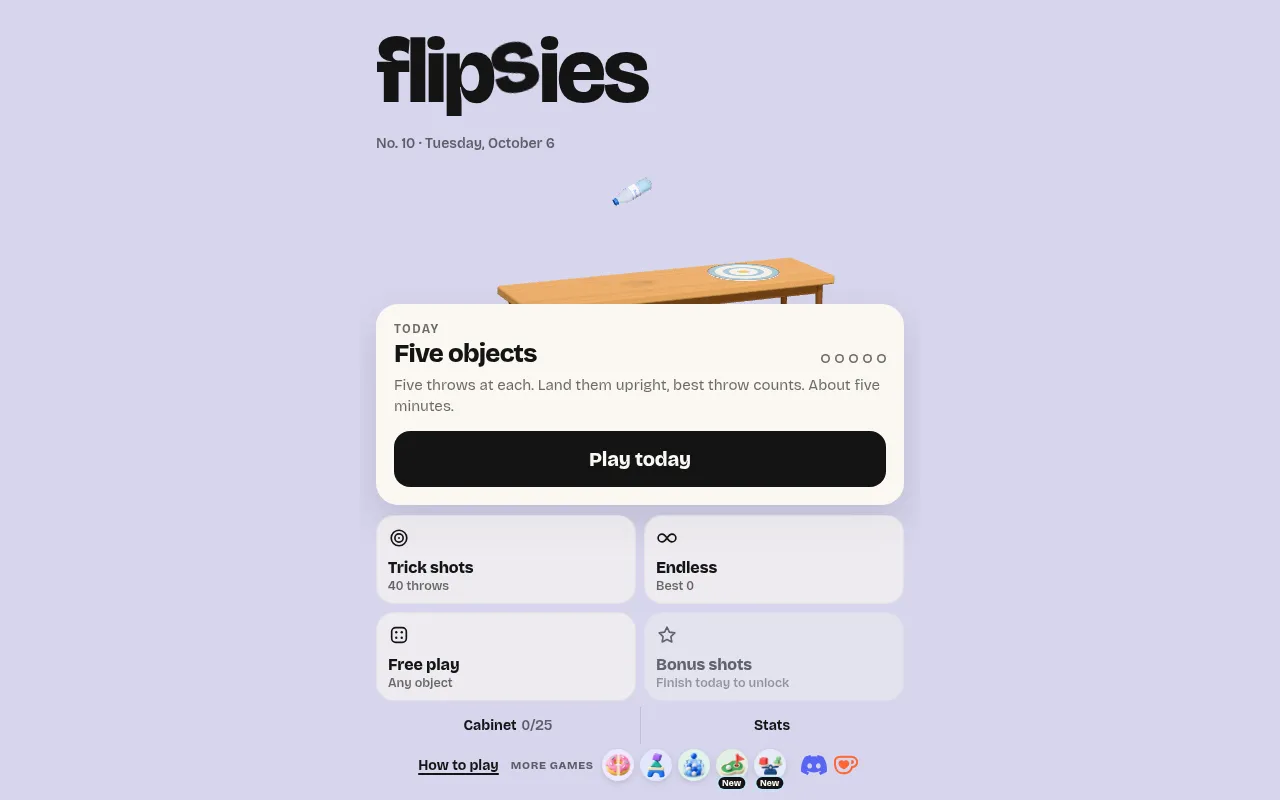 Flipsies home screen: a bottle flipping above a wooden table, with the Five objects daily card and Trick shots, Endless and Free play modes