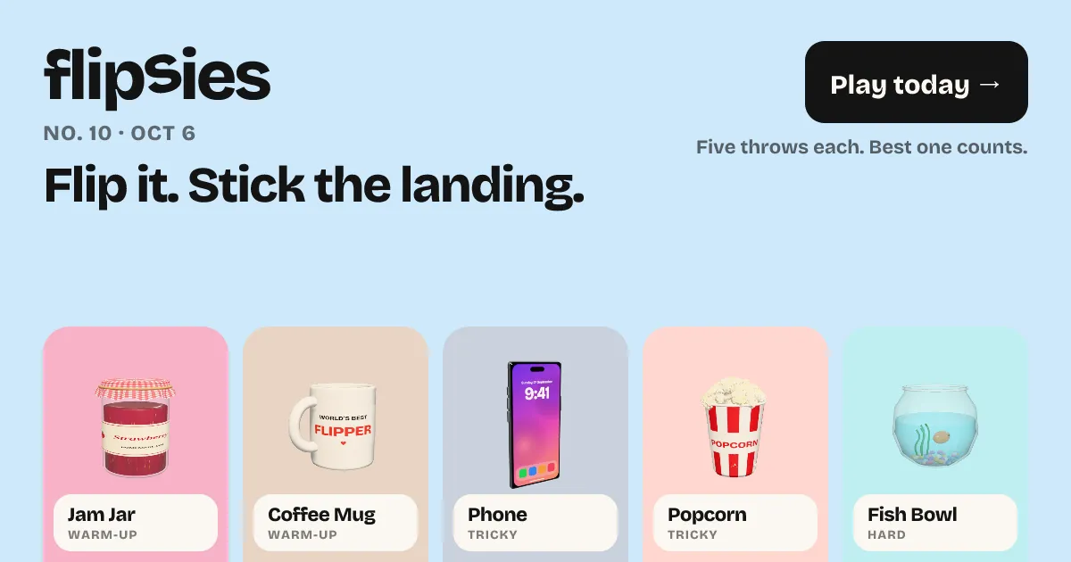 Flipsies No. 10 for Oct 6: the five objects of the day, a jam jar, coffee mug, phone, popcorn and fish bowl, graded warm-up to hard