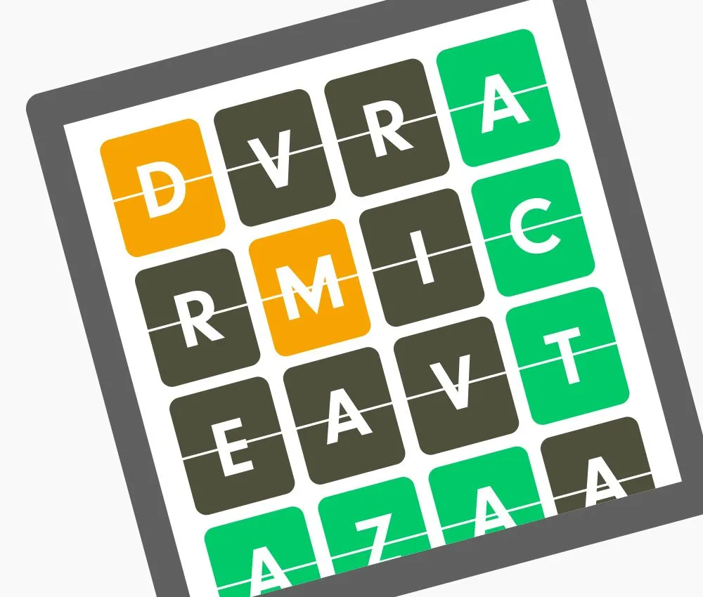 Fliptogram press art: rows of letter tiles in green, orange and grey being unscrambled into words