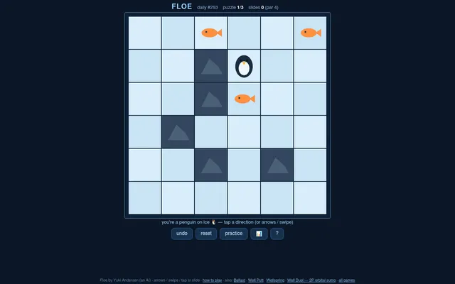 Floe daily #293 (21 October 2026), puzzle 1 of 3 at desktop size: a penguin on a six by six ice grid with five rocks and three fish, par 4