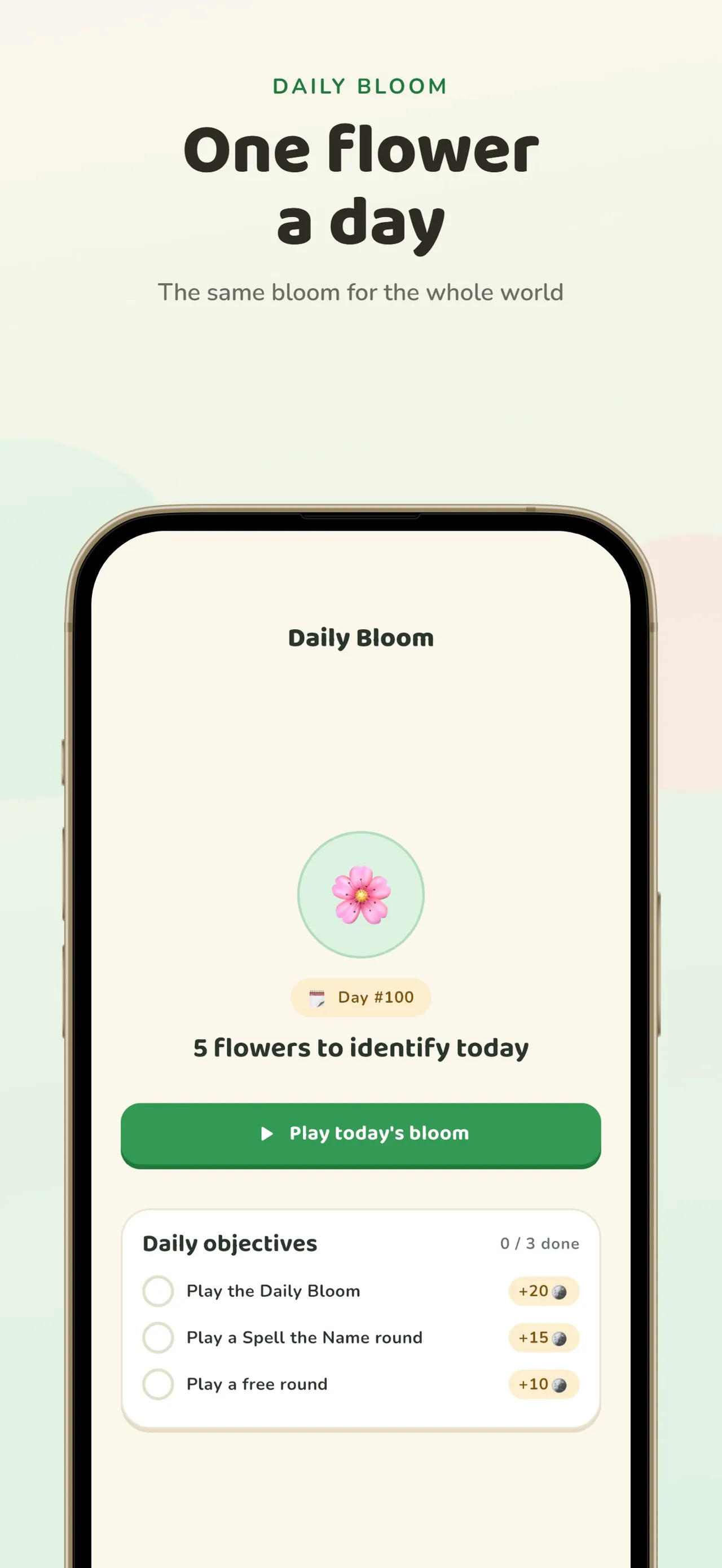Flora Quiz Daily Bloom screen for Day #100 with 5 flowers to identify, a Play today's bloom button and three daily objectives