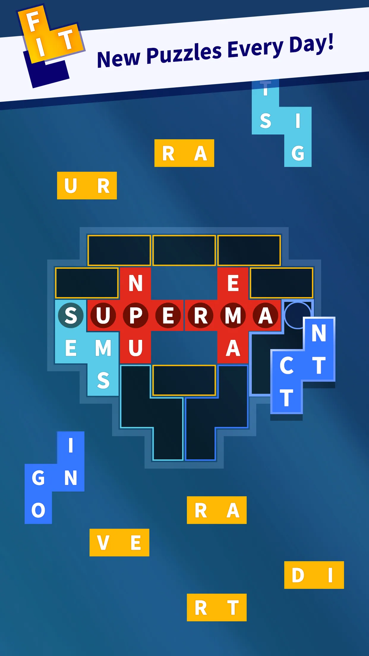 Flow Fit store screenshot headed New Puzzles Every Day, a board with red cross blocks spelling SUPERMA across and more letter blocks waiting around it