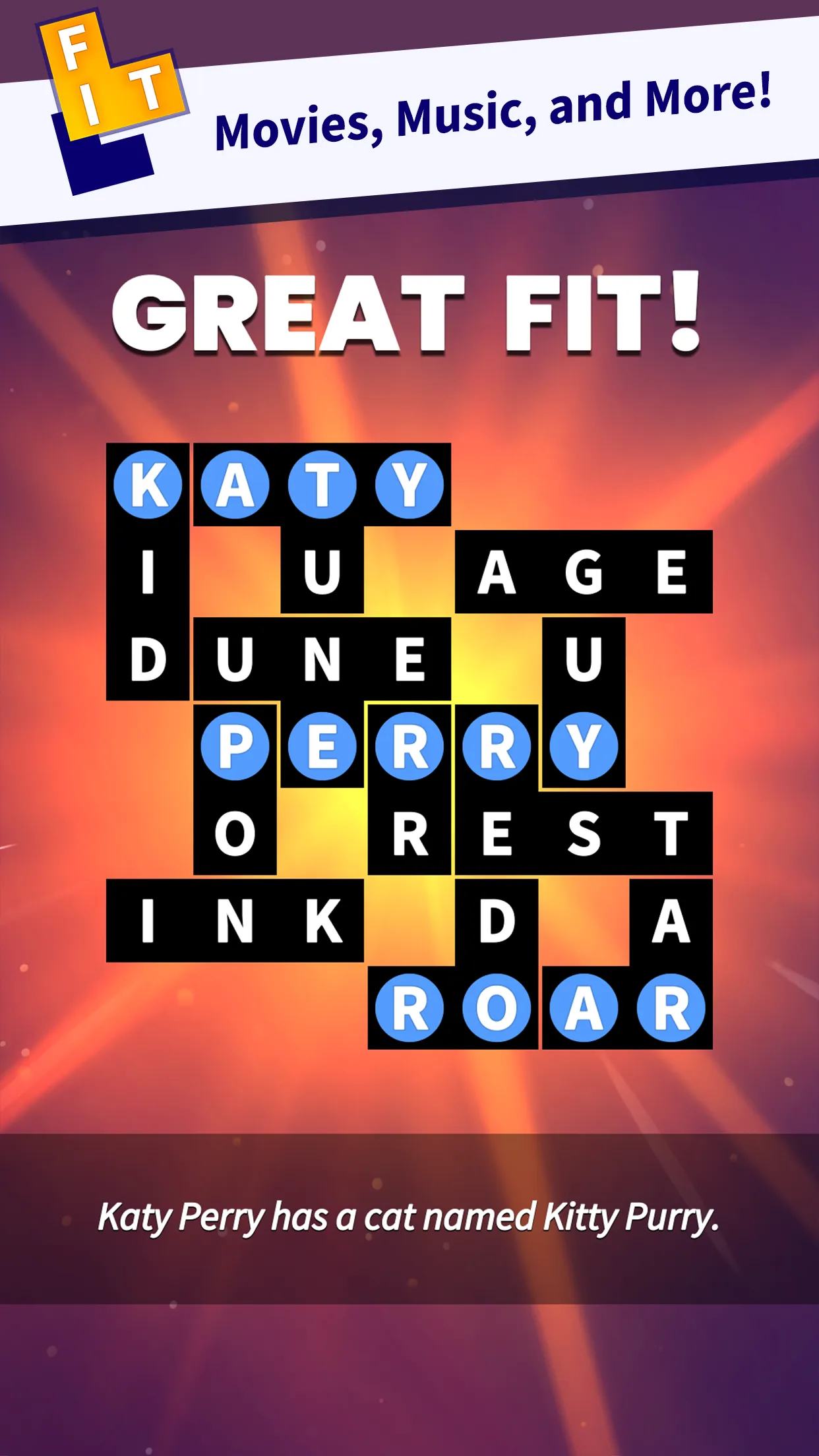 Completed Flow Fit grid with KATY, PERRY and ROAR and a trivia fact about Katy Perry's cat