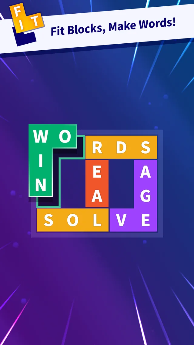 Flow Fit board with coloured letter blocks spelling WORDS, SOLVE and SAGE, captioned Fit Blocks, Make Words