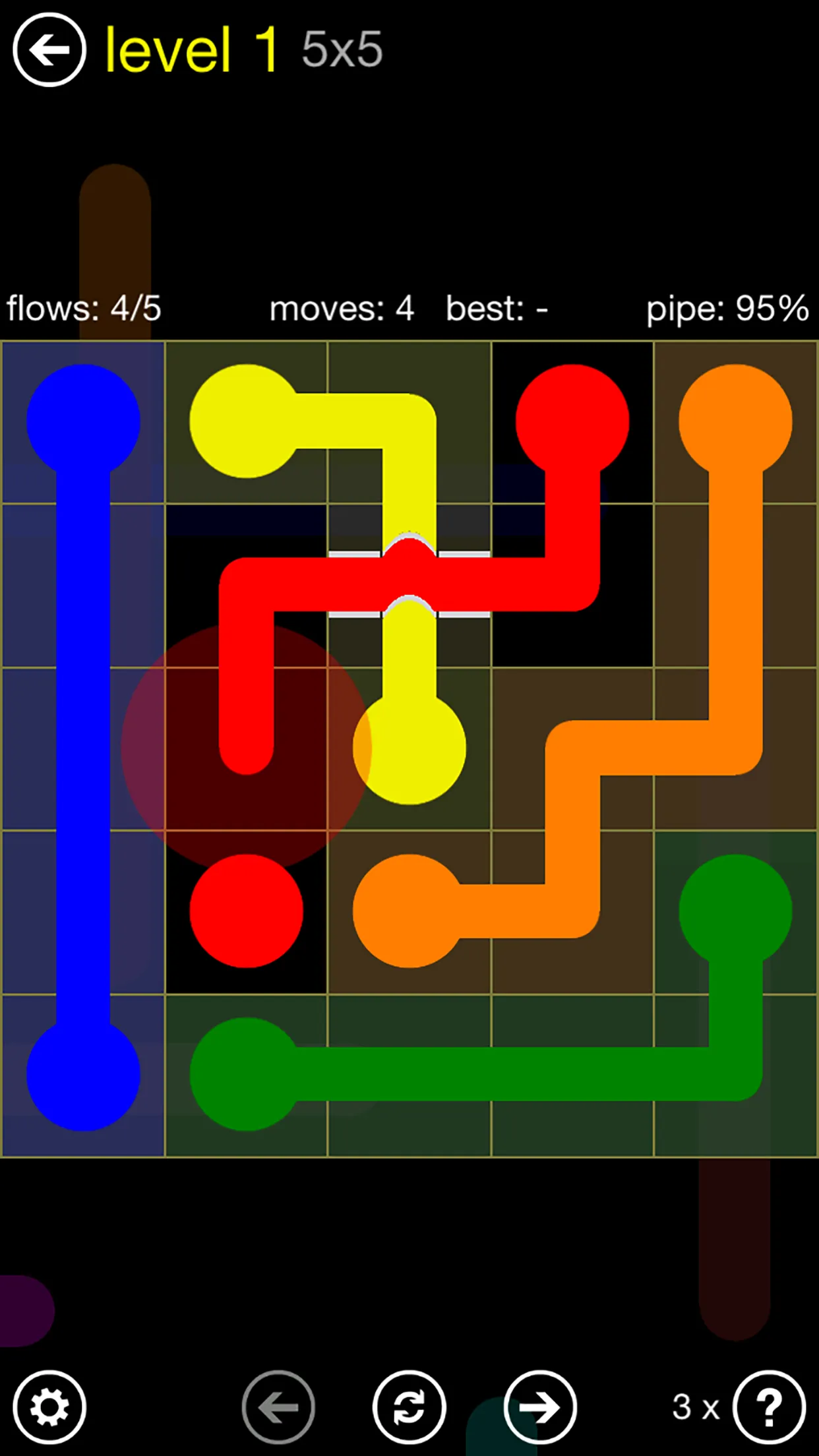 A Flow Free: Bridges 5x5 level with coloured pipes, a red pipe crossing a yellow one on a bridge