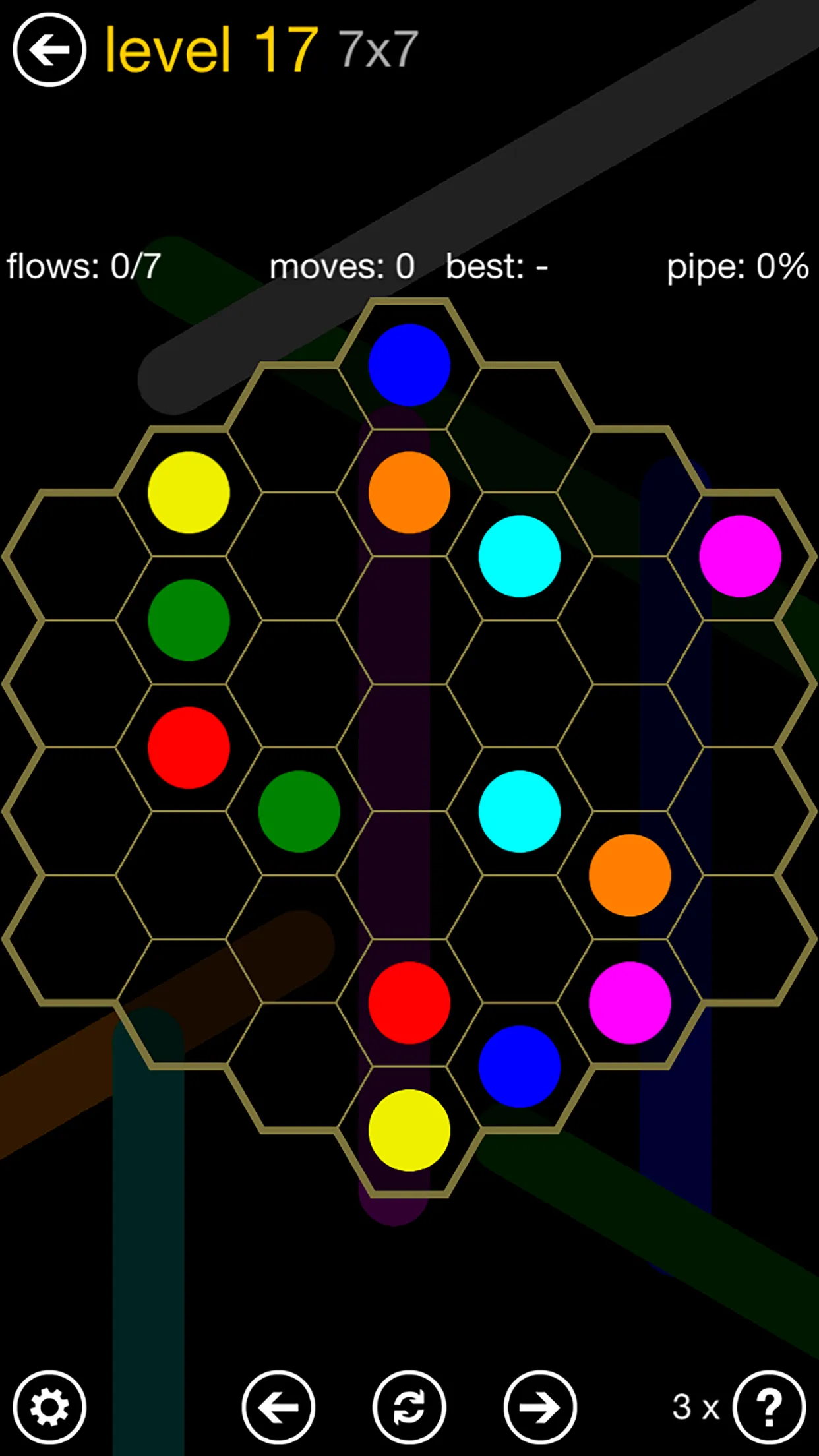 Flow Free: Hexes level 17, an empty 7x7 hexagonal board with seven pairs of coloured dots waiting to be joined (App Store screenshot)