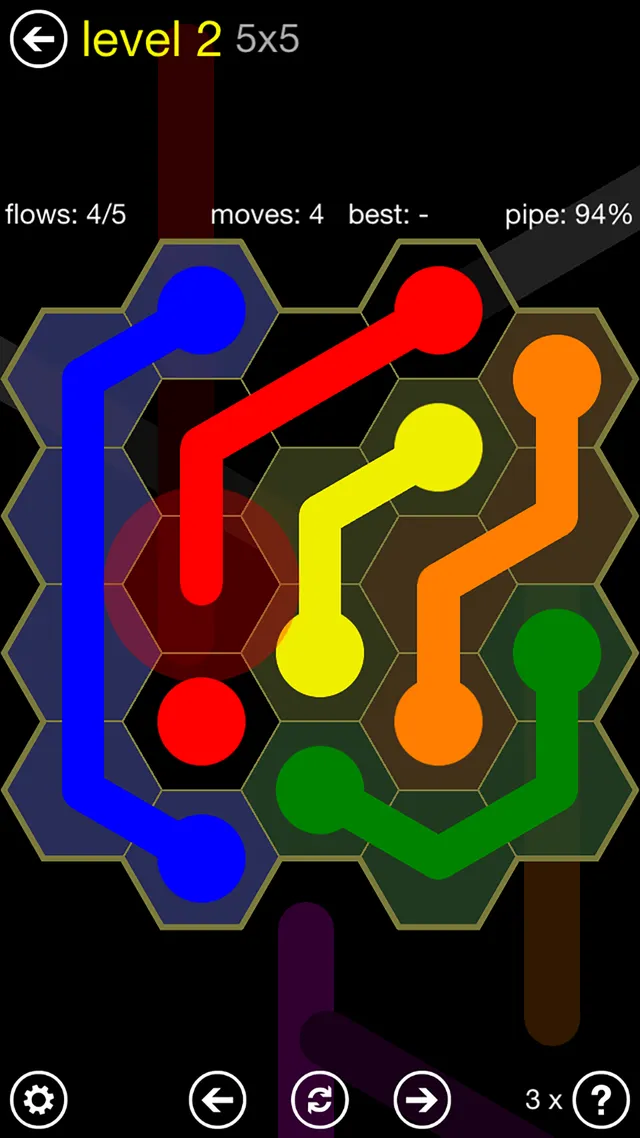 Flow Free: Hexes level on a 5x5 hexagonal board with blue, red, yellow, orange and green pipes joining coloured dots
