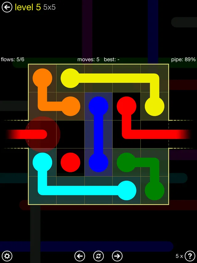Flow Free: Warps on iPad: a 5x5 board where the red pipe leaves the right edge through a warp gap and comes back on the left
