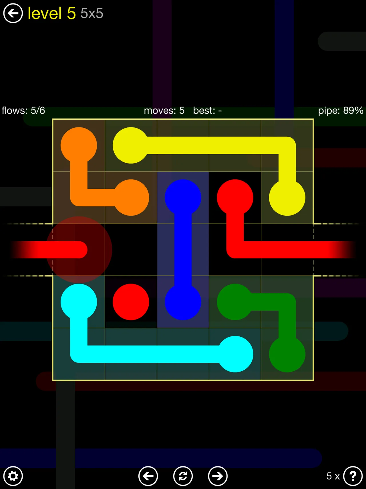 Flow Free: Warps on iPad: a 5x5 board where the red pipe leaves the right edge through a warp gap and comes back on the left
