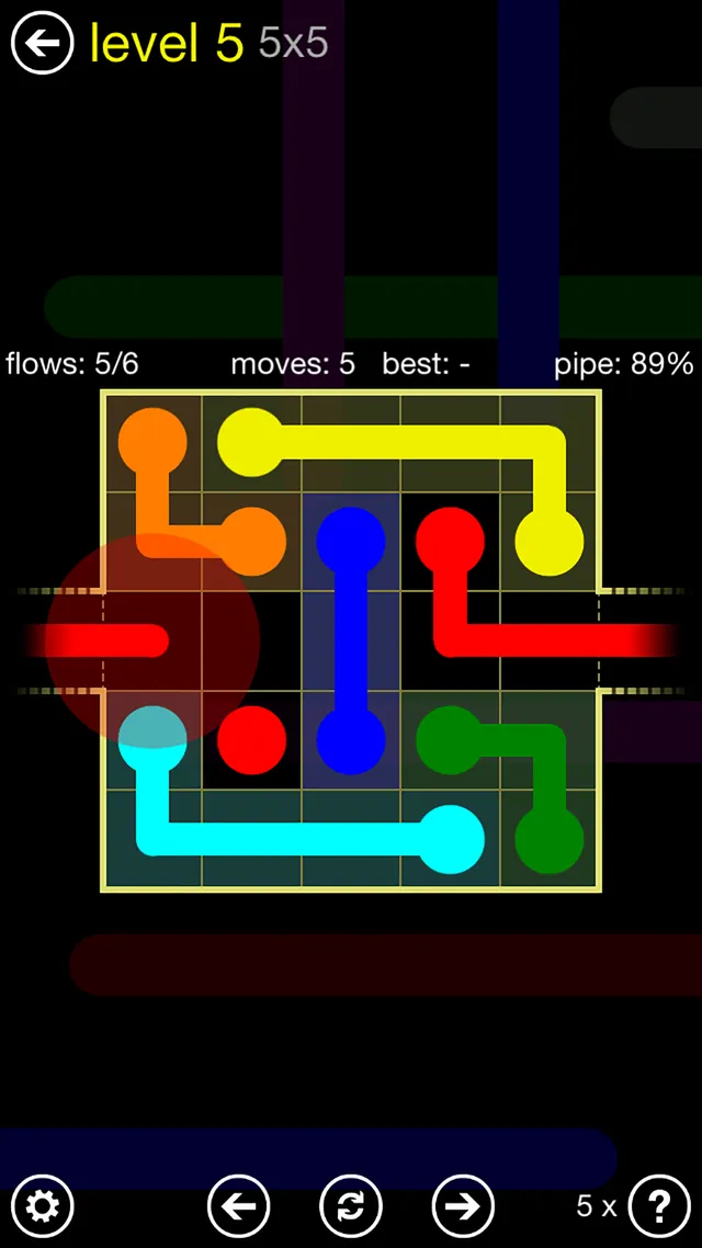 A Flow Free: Warps 5x5 level where a red pipe leaves the right edge and returns on the left through warp gaps
