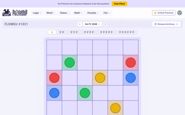 Today's Flowku #1021 on Puzzleship at desktop size: a six by six grid with pairs of green, red, yellow and blue dots, and the six difficulty levels above it